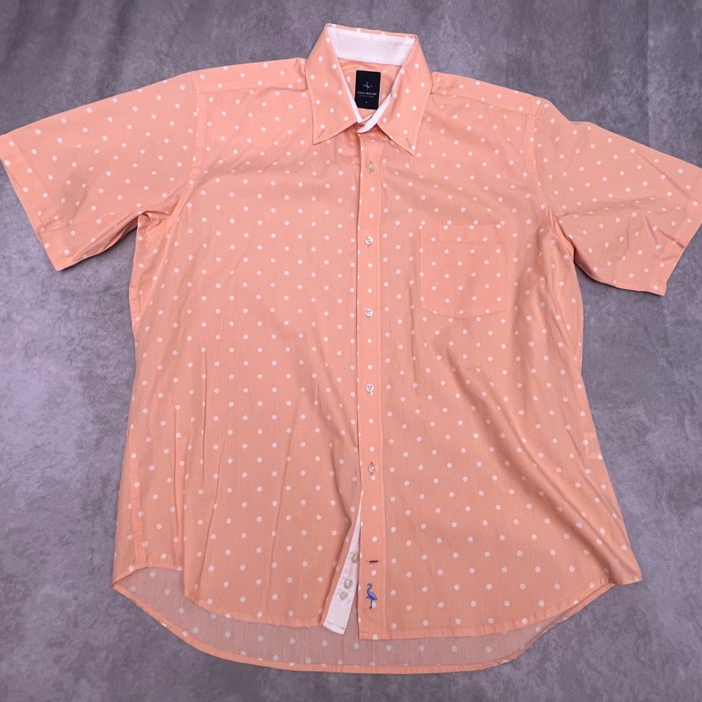 Tailorbyrd Button Down Shirt Mens Large Peach Polka Dot Excellent Short Sleeve